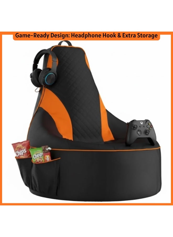VELMORE Gaming Bean Bag Chair Cover ONLY – NO FILLING / WITHOUT BEANS | High-Back Quilted Seat, Side Pockets, Headphone Hanger & Water-Repellent Fabric - Orange - Image 5